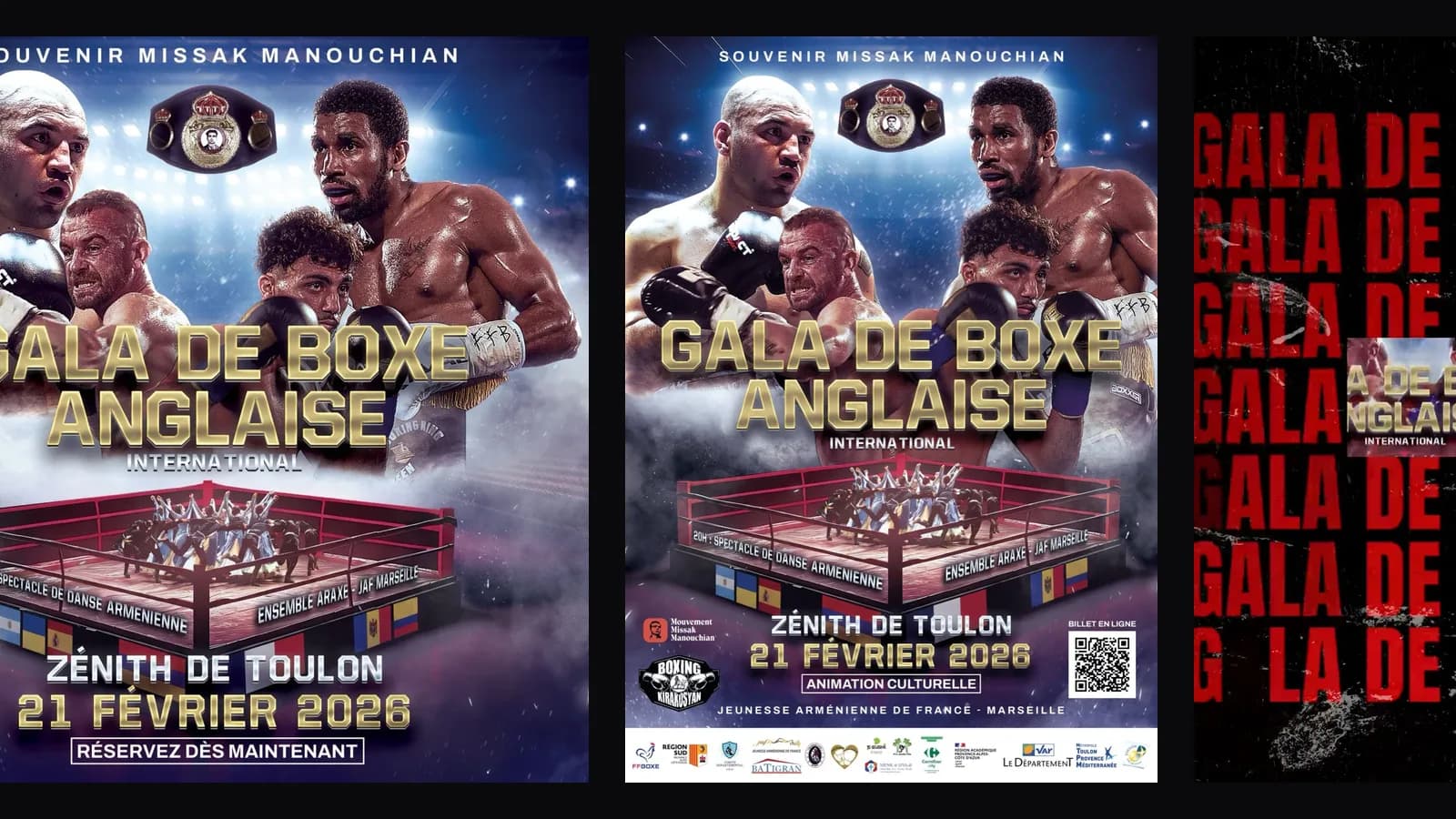 Affiche du gala Boxing Kirakosyan et ses déclinaisons pour les réseaux sociaux