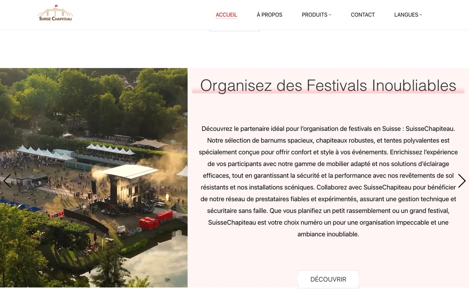 Page d’accueil du site Suisse Chapiteau, location de chapiteaux et barnums