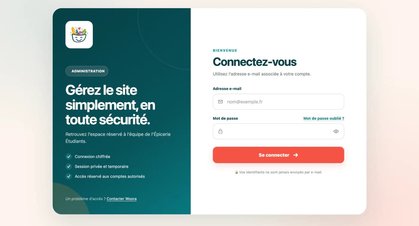 Écran de connexion de l’espace privé : champs adresse e-mail et mot de passe, avec les mentions connexion chiffrée, session privée et accès réservé aux comptes autorisés.