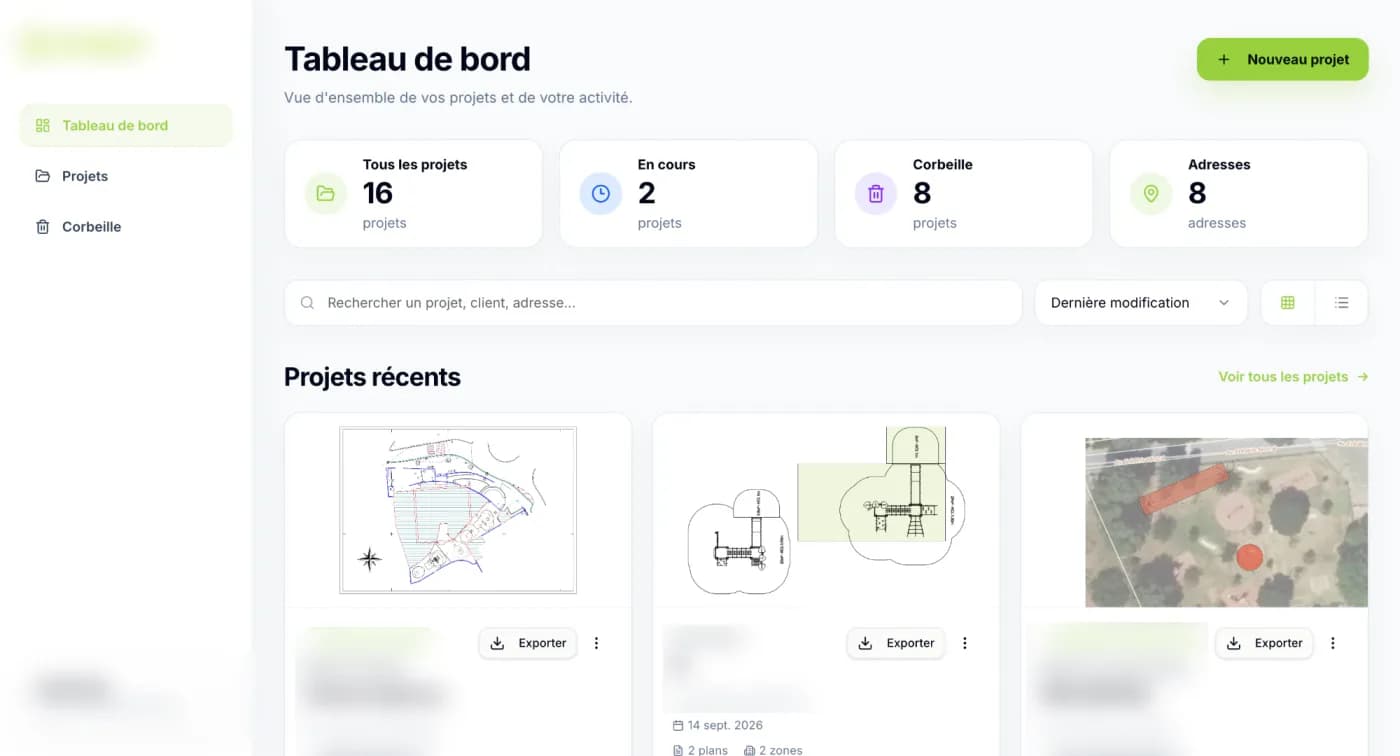 Tableau de bord de l’outil : compteurs de projets en cours et archivés, recherche, et cartes des projets récents montrant chacune l’aperçu de son plan.