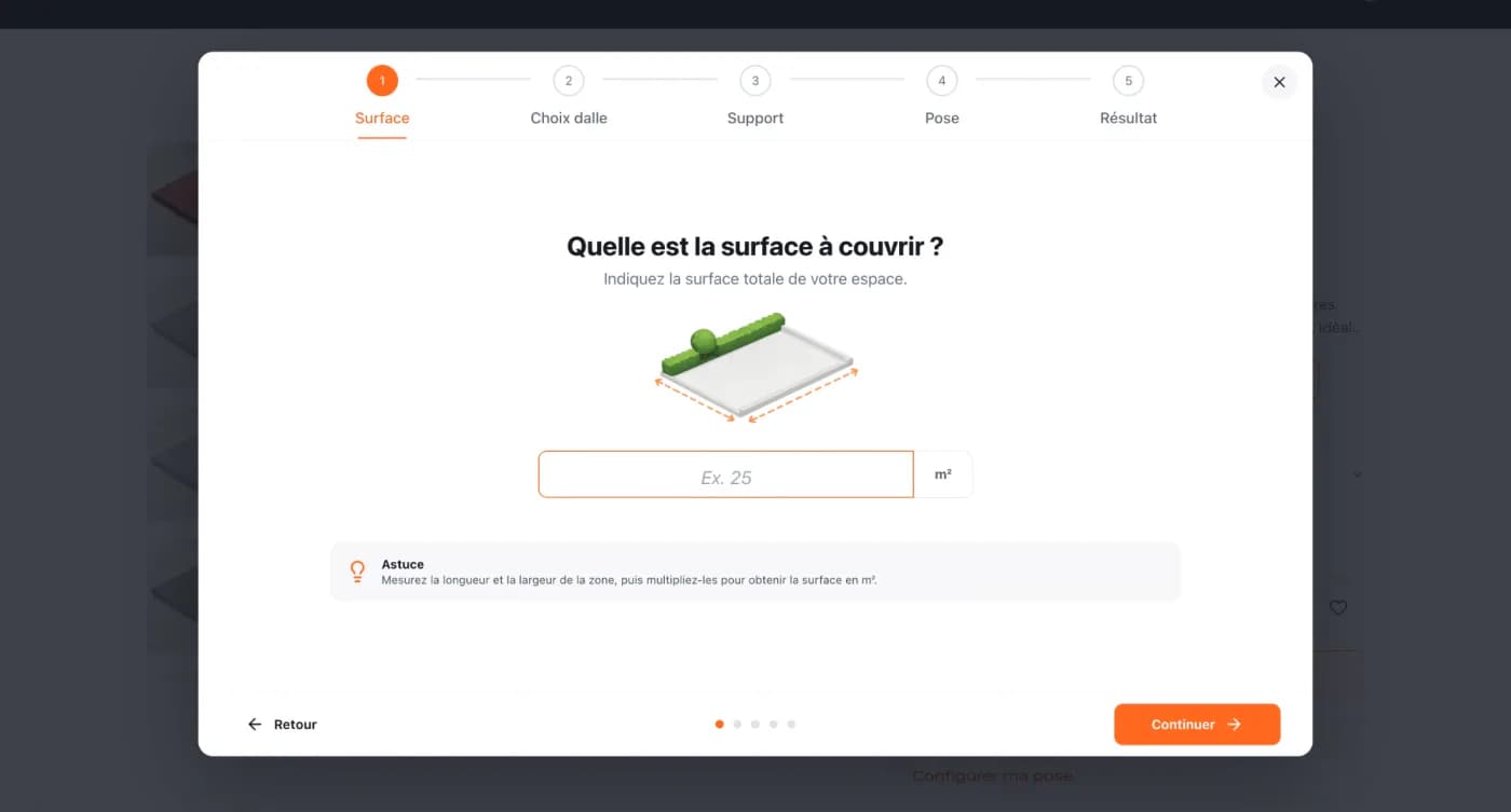 Première étape de l’assistant : un champ pour saisir la surface à couvrir en mètres carrés, avec un schéma de la zone.