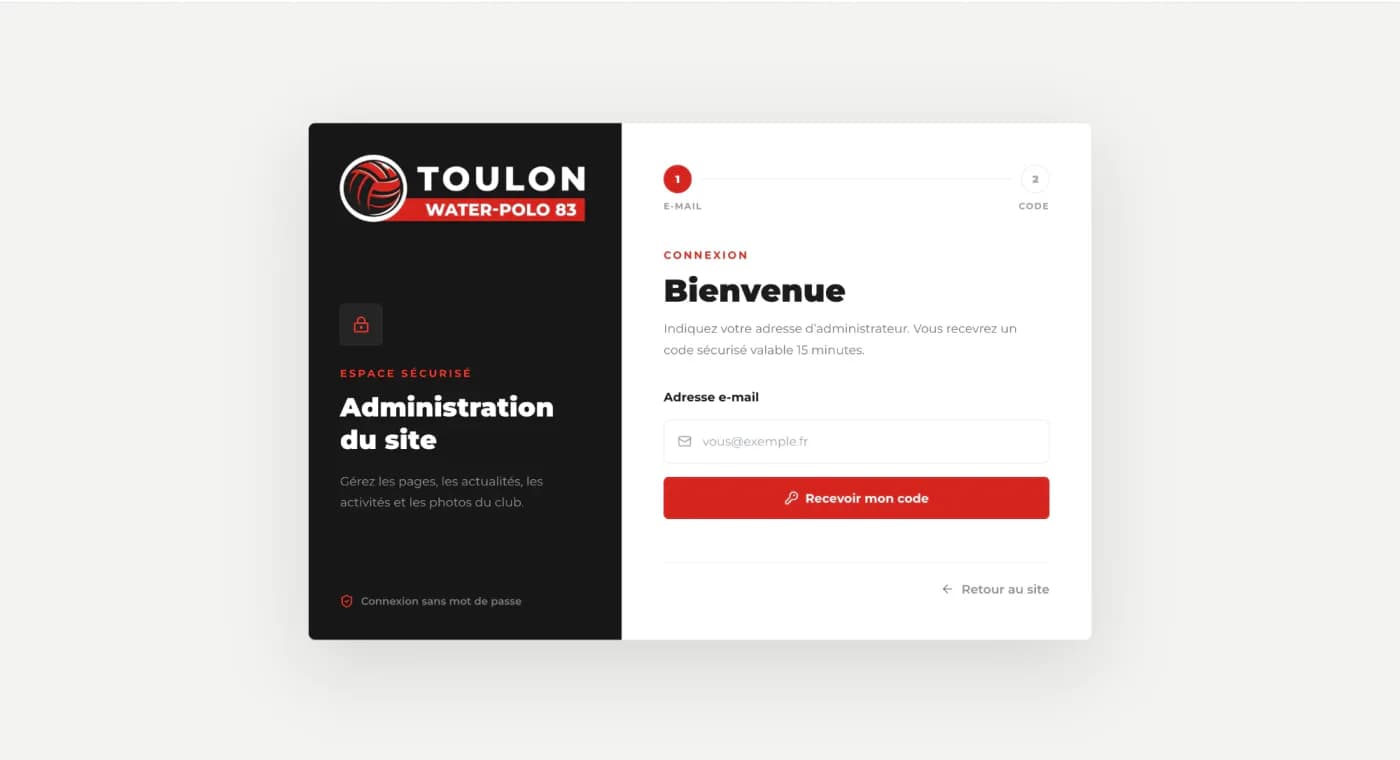 Écran de connexion de l’administration : un champ pour l’adresse e-mail et un bouton « Recevoir mon code », avec la mention « connexion sans mot de passe ».